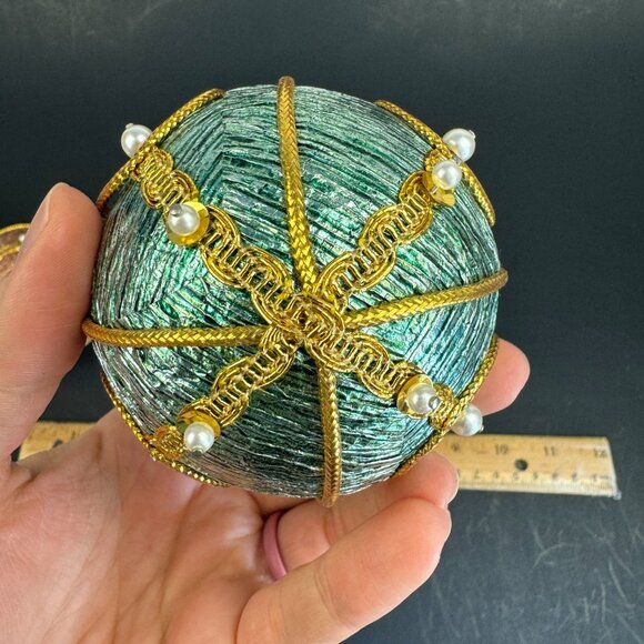 Vtg Hard Foam Round Ball Ornament Push Pin Pearls Metallic Pink Blue Gold Accent - Picture 11 of 16